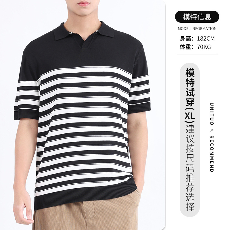 Polo de seda de hielo de alta gama Camiseta casual de negocios de manga corta con cuello en V de alta gama para hombres Camiseta a rayas image 6