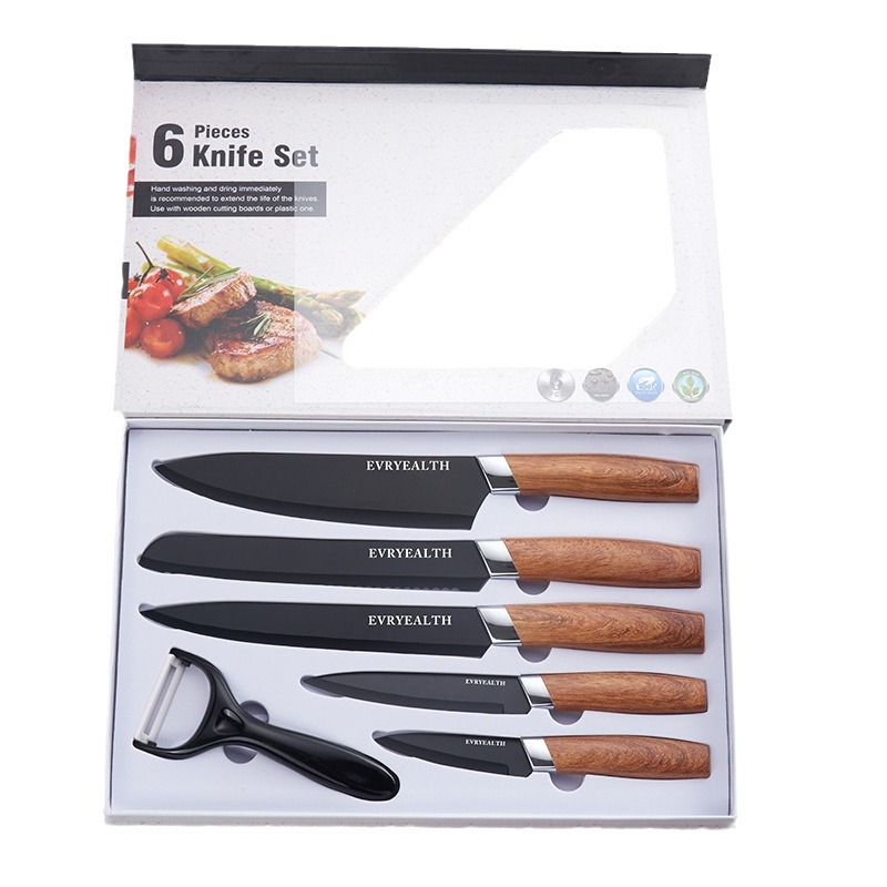 Amazon cuchillo de cocina con soporte de cuchillo traje cuchillo de cocina mango de madera de grano nuevo cuchillo de cocina cuchillo de fruta