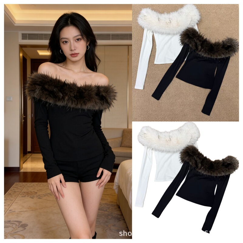 Nanyou Quality Fragrant Shoulder Rebellious Black Fur Collar One-Shoulder T-Shirt Long-Sleeved Slim Off-Shoulder Tube Top Sexy Top