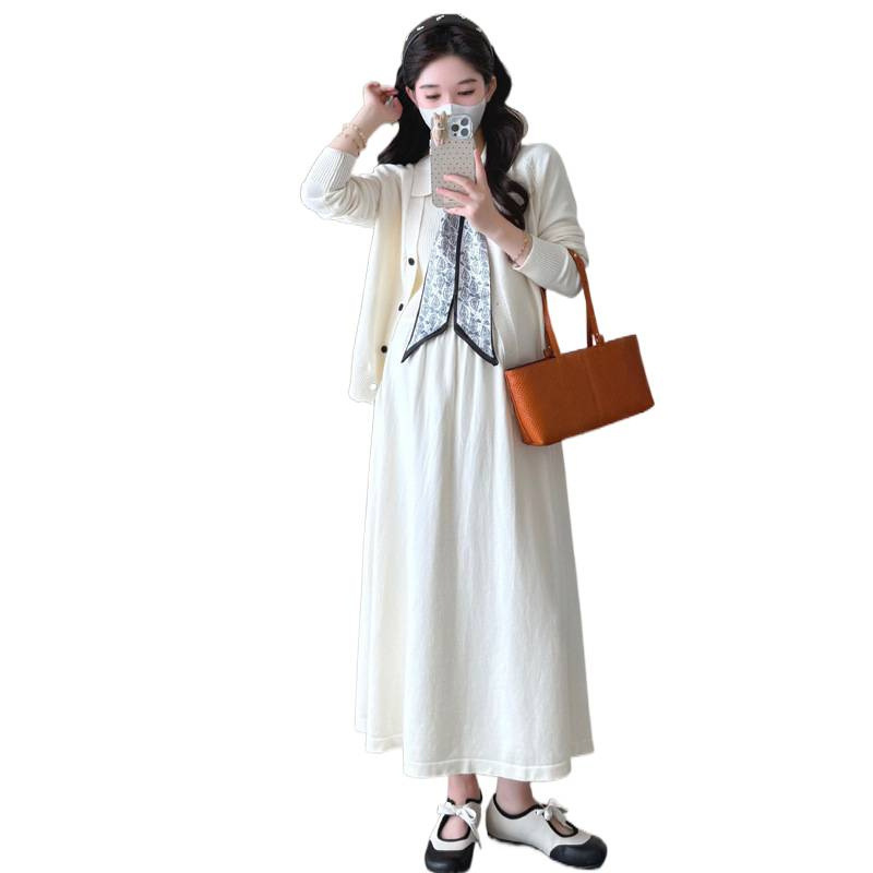 孕妇装秋冬新款针织打底连衣裙+开衫毛衣甜美时尚加厚包芯纱套装|undefined
