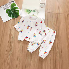 新款純棉雙層棉紗薄款洋氣開衫印花七分袖睡衣嬰幼兒男女空調套裝