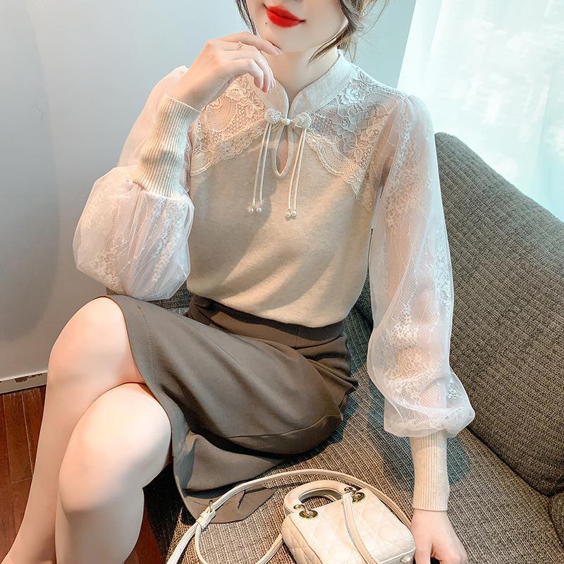 法式复古盘扣T恤女2025春秋新款蕾丝拼接立领小衫设计感小众上衣|undefined