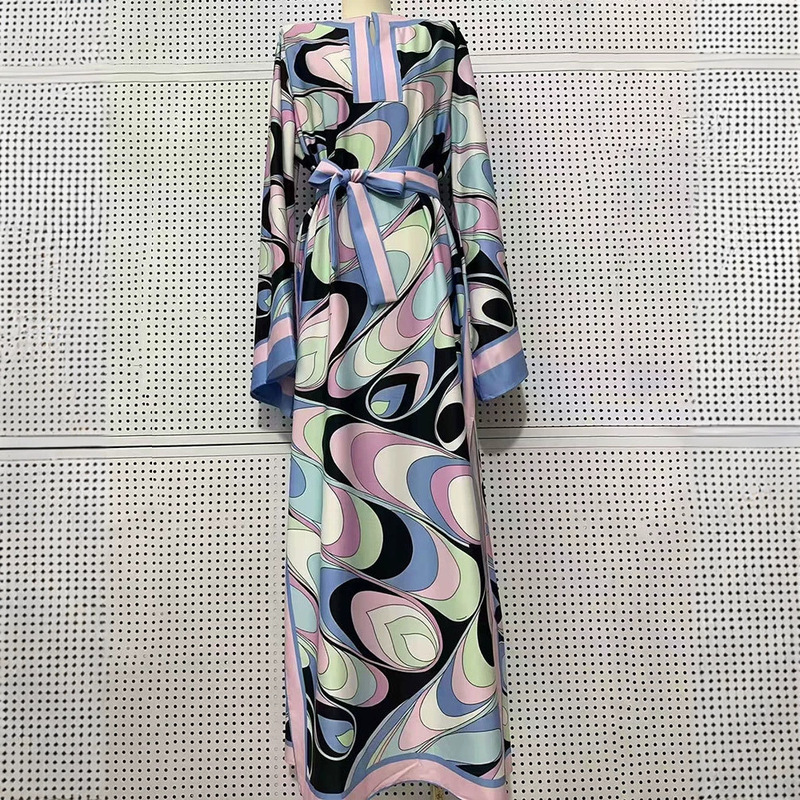 Cross-Border Spring Women's New Fashion Printed Tie-Waist Straight Dress with Half Open Collar, Stylish Loose Slit Long Dress Cross-Border Spring Women's New Fashion Printed Tie-Waist Straight Dress with Half Open Collar, Stylish Loose Slit Long Dress