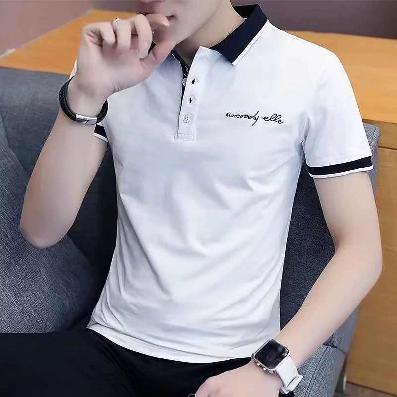 Летное поло, трендовый шелковый T‑shirt для отдыха, с коротким рукавом, высокий воротник, slim fit