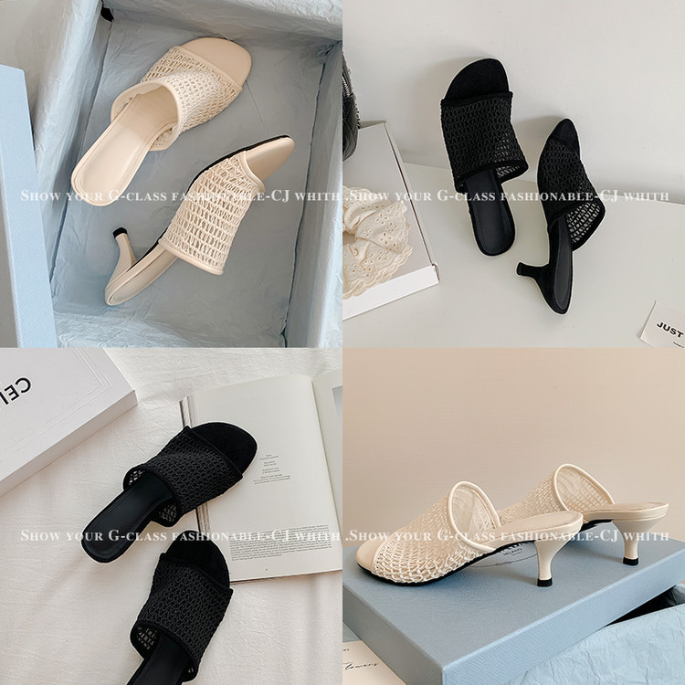 Dép sandal cao gót nữ kiểu Pháp mũi tròn hở ngón, lưới dệt thoáng khí — màu be, đen chi tiết 9