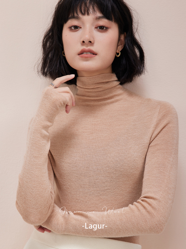 トップスは新年の赤色、シームレスな一体型揚子紡績100％ウールニット、女性用スリムフィットハイネックセーター