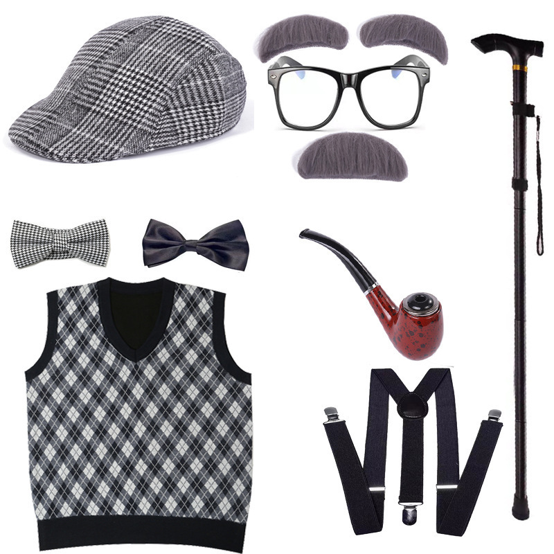 馬遜熱銷兒童老人假髮裝扮COS老奶奶鬍子男煙斗背帶鬍子套裝