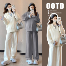 孕妇韩版宽松休闲拼接翻领孕妇毛衣+潮妈阔腿针织裤甜美显瘦套装