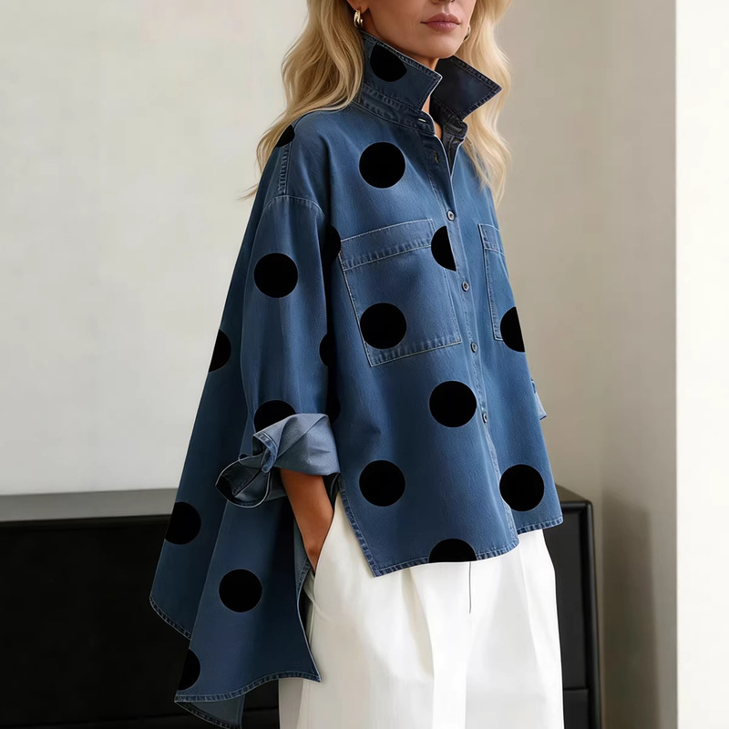 European and American Cross-Border 2026 Printed Faux Denim Stand Collar Casual Shirt European and American Cross-Border 2026 Printed Faux Denim Stand Collar Casual Shirt