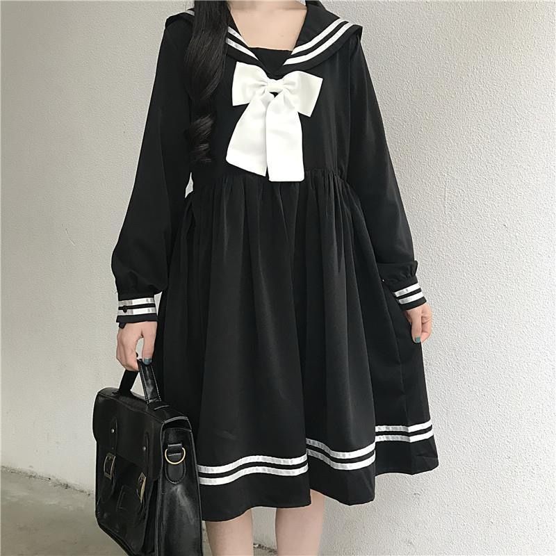 College Style Long-Sleeved Dress for Female Students Korean Style Loose Mid-Length Japanese Style Style Small Fresh Navy Collar Doll Skirt
