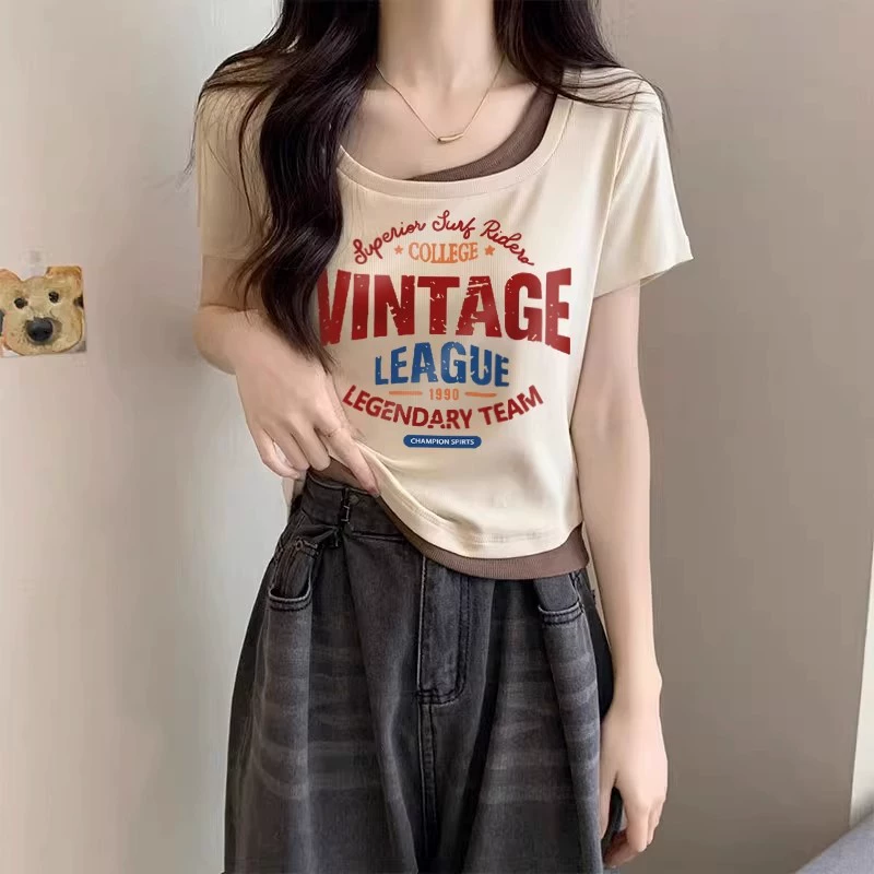 Женские топы из двух частей, модные и стильные женские топы с дизайном, футболки в сладком и пряном стиле, модные тонкие летние футболки с короткими рукавами.