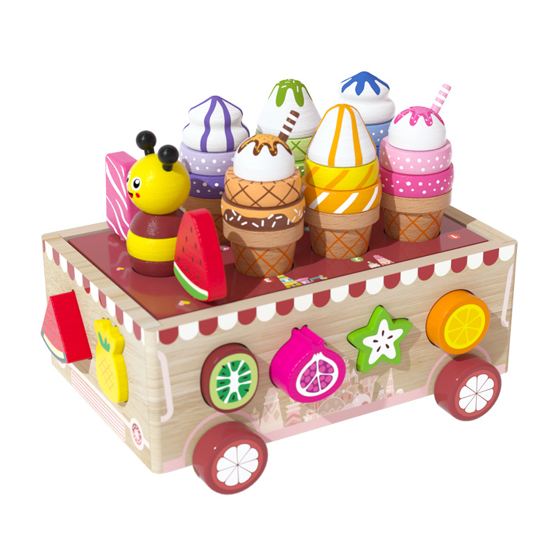 Simulación transfronteriza de frutas helado coche inteligente de madera forma de coincidencia de la educación temprana de bloques de construcción caja inteligente juguete de rompecabezas