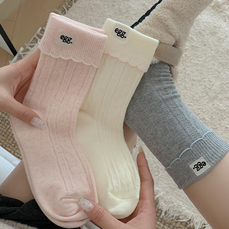 双针秋冬季刺绣egg甜美温柔袜子女款韩系氛围感棉袜花边翻边中筒|undefined