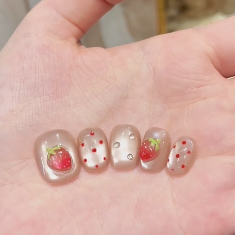 Strawberry Jelly Handmade Wearable Nails, Stereo Strawberry Phototherapy Nail Art Stickers, Elegant Whitening Popular Nail Stickers