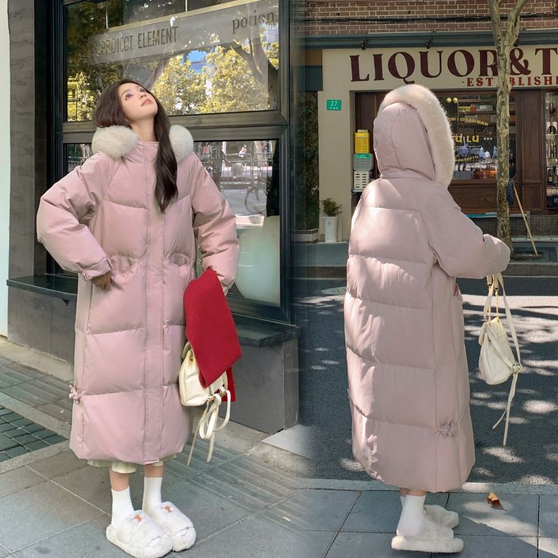 Gran abrigo de algodón de plumón largo de cuello de cabello para mujeres 2024 nuevo abrigo de algodón suelto de invierno grueso chaqueta de rodilla