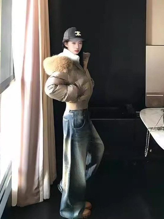芬兰雪境 冬季毛领连帽收腰加厚短款羽绒棉服女|undefined