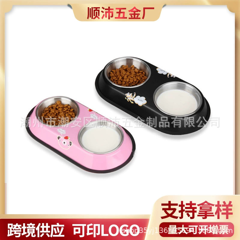 Трансграничные из нержавеющей стали Кошка Чаша оптом двойного назначения поилка утолщенная краска кормления собака чаша красочные ПЭТ двойной чаша