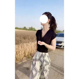 2025夏季新款韩系时尚显瘦修身上衣洋气百搭减龄阔腿裤休闲两件套