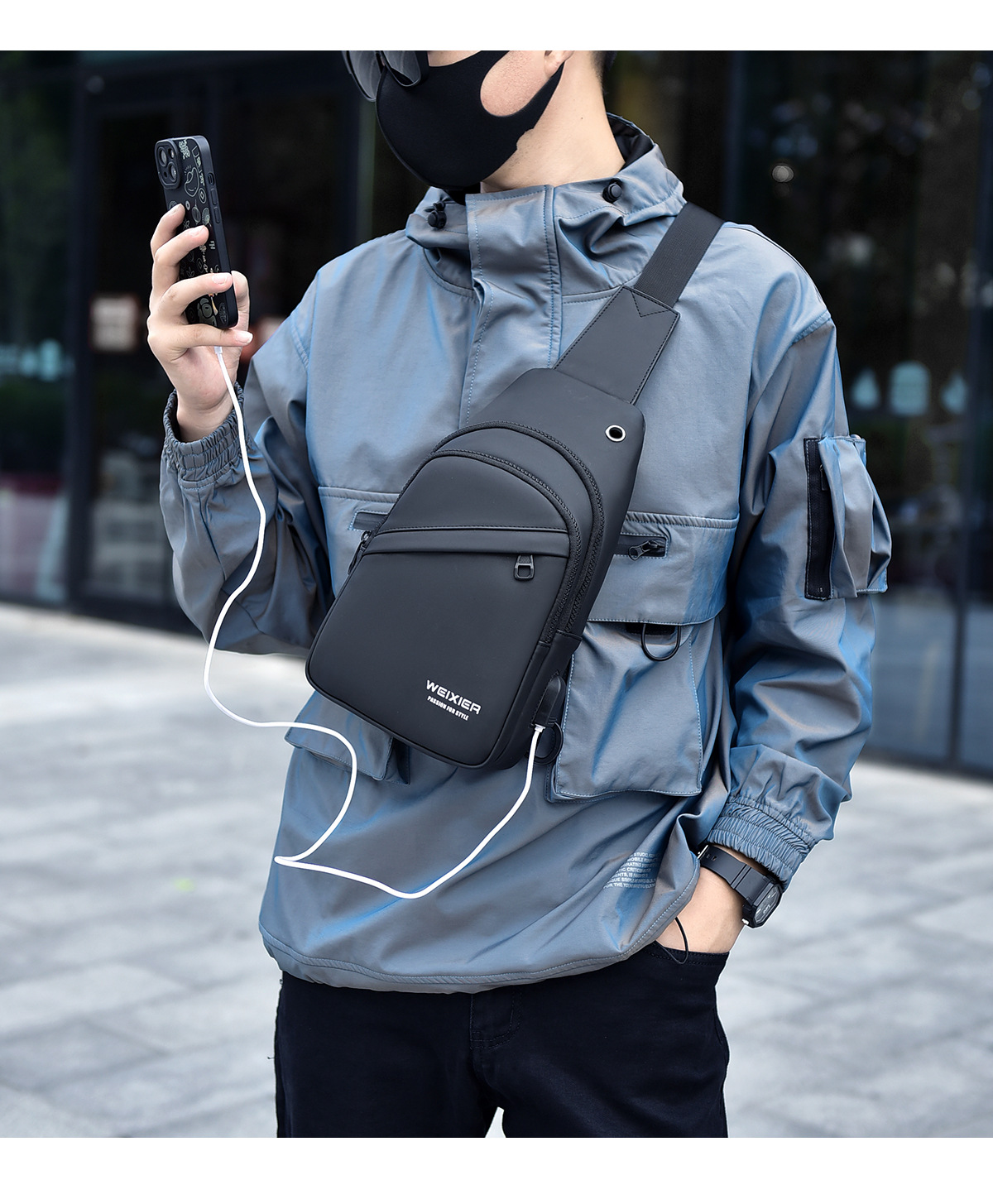 Men's Chest Bag With Usb Charging Large Capacity Shoulder Pack_voghion.com