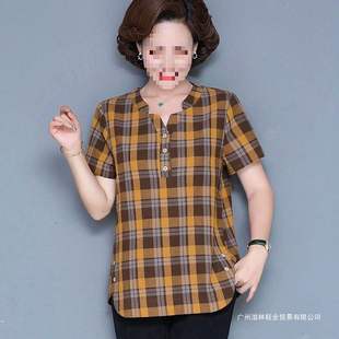 Cotton Washed Plaid Short-Sleeved Tops Summer New Women's V Neck T-Shirts Middle-Aged and Elderly Mothers Loose Cotton Shirts