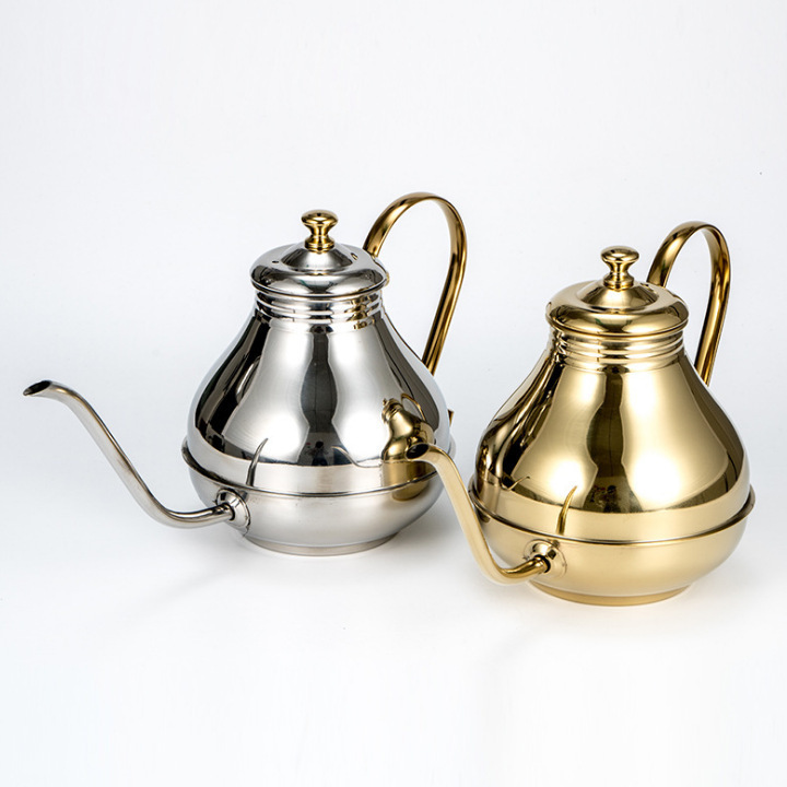 Factory wholesale stainless steel court teapot coffee pot Golden Silver thin mouth long nozzle hand coffee pot