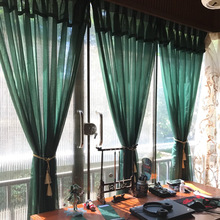 BC10窗帘 复古墨绿色轻柔窗纱 美式中式客餐厅卧室艺术压皱纱帘