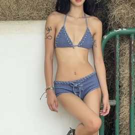 绑带个性可调节肩带细绳厚比基尼高质量绒布外贸泳衣bikini