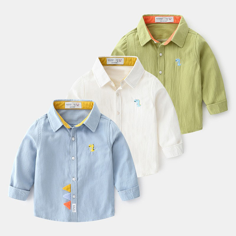 2023童装 新款男童长袖衬衫纯色儿童衬衣打底小童恐龙款上衣 代发