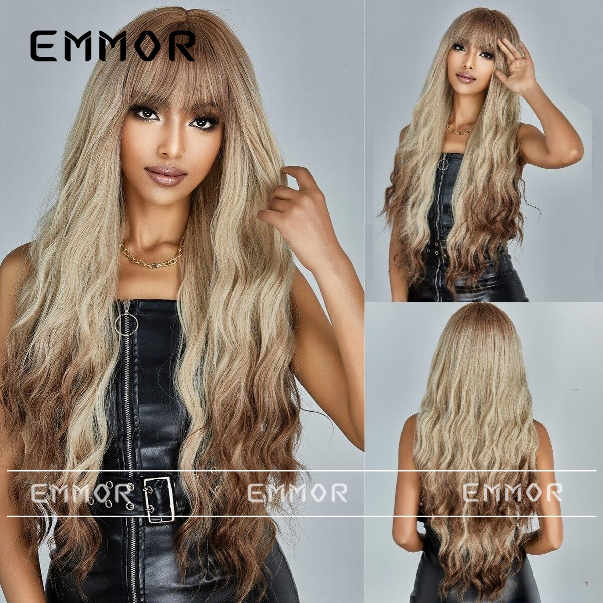 Internet celebridad moda estilo europeo y americano bangs gran ola gradiente de oro largo pelo rizado natural mullido peluca cabeza completa cubierta