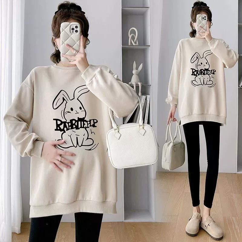 Одежда для беременных, осенняя верхняя одежда, тонкий свитшот для женщин, 2023, свободный топ большого размера в корейском стиле с круглым вырезом и мультяшным принтом