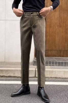 Pu Shuai Mei Británico grueso de la vendimia lana negro gris patrón espiga tela cruzada Tweed slim fit traje flaco los hombres Pantalones