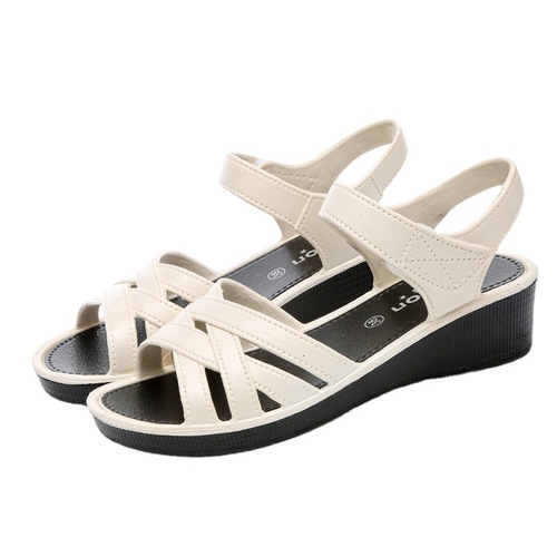 Mom Sandals Women's Summer Mid-Heel Soft Bottom Strap Middle-aged Leather Sandals Middle-aged and Elderly Wedge Women's Shoes Plastic Ethnic Style