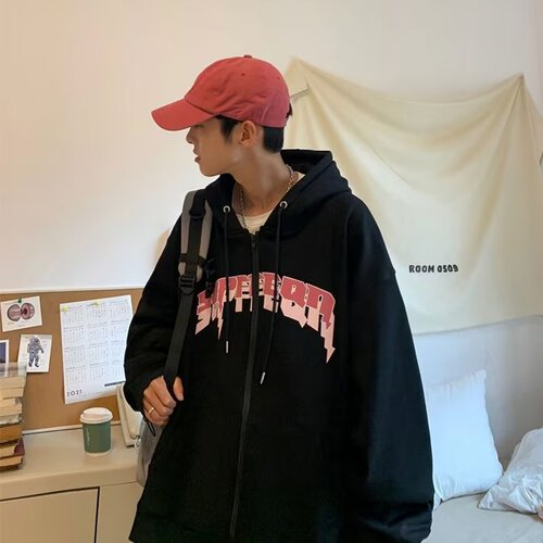 Heavyweight New Style Men's Hooded Sweatshirt Men Autumn Winter Fleece Lined Thick Loose Cardigan Outerwear