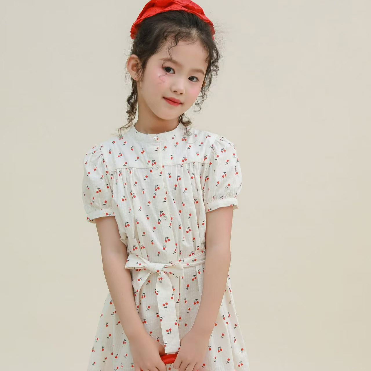 Girls New Cherry Short-Sleeved Floral Dress Summer Fresh Seersucker Lace-Up Skirt