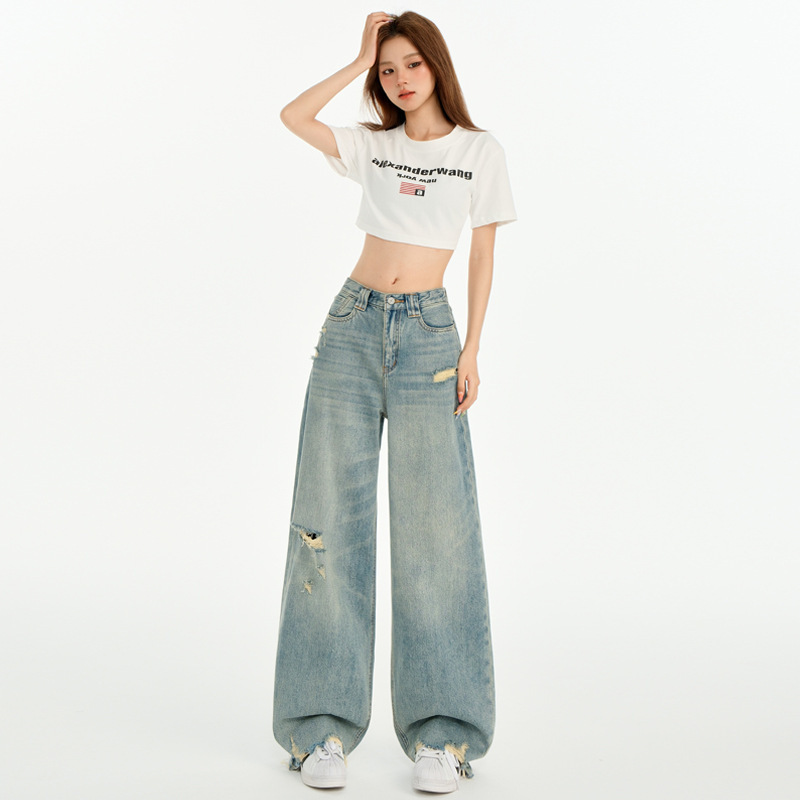 Vintage Washed Ripped Jeans for Women, Loose High-Waisted Slimming Straight-Leg Wide-Leg Floor-Length Pants Vintage Washed Ripped Jeans for Women, Loose High-Waisted Slimming Straight-Leg Wide-Leg Floor-Length Pants