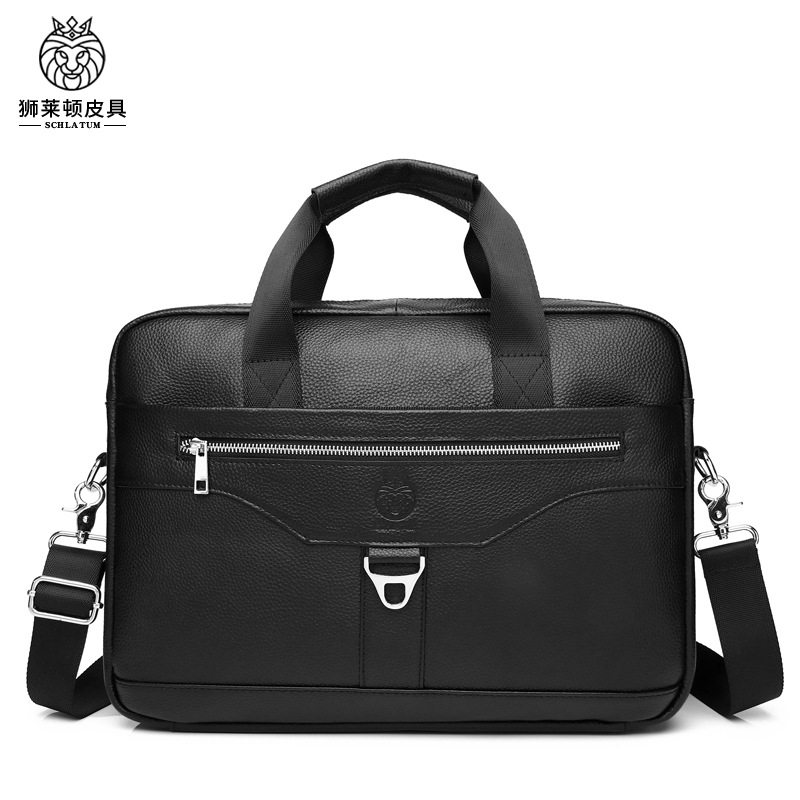 Cặp da bò lớp đầu Lion Leiden đựng laptop 16 inch, nhiều ngăn, chống nước, phong cách công sở — Màu đen