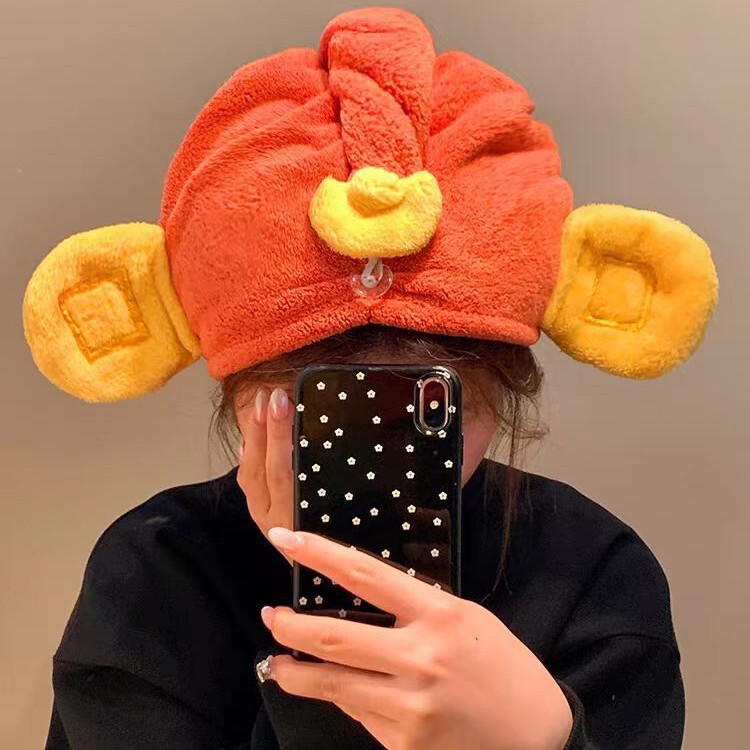 Customized Xiaohongshu-Style God of Wealth Hair Drying Cap for Home Use, Made of Thick, Soft, Water-Absorbent Coral Fleece