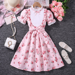 Children's clothing for girls aged 10-12, 2024 summer new fashionable printed dress for older children, princess short-sleeve dress and children's one-piece dress