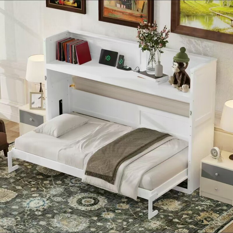 Cross-Border E-Commerce Export Double XL Size Murphy Bed, with Desk, Led Lights and USB Charging Station, White