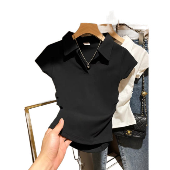 Short-sleeved T-shirt women's 2025 summer white polo collar lapel top short waist slim casual design sense