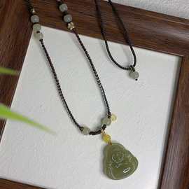 新品新中式汉服古风和田玉大肚佛项链S925银蜜蜡福字毛衣链原创设