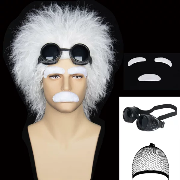 Old Professor Scientist Curly White Wig Eyebrow Beard Glasses Set Cosplay for Children Adult