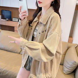 2026复古麂皮绒铆钉外套女春秋季宽松百搭美拉德休闲翻领工装夹克