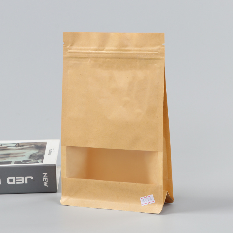Spot bolsa de papel kraft con ventana transparente bolsa de embalaje de alimentos autosellada autoportante bolsa de té sellada de ocho lados fácil de rasgar