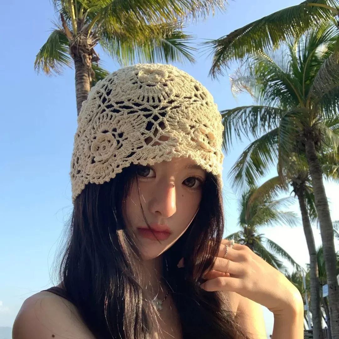 复古度假针织珍珠镂空包头帽夏薄款显脸小百搭甜美套头堆堆流苏帽
