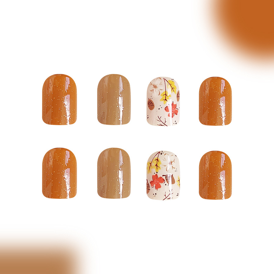 Short Bright Face Square Armor Cute Gentle Floral Solid Color Glitter Gleam Pressing Manicure for Women 24 Pieces_voghion.com