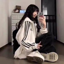 加绒加厚美式复古条纹卫衣开衫外套女冬季连帽宽松慵懒风拉链上衣