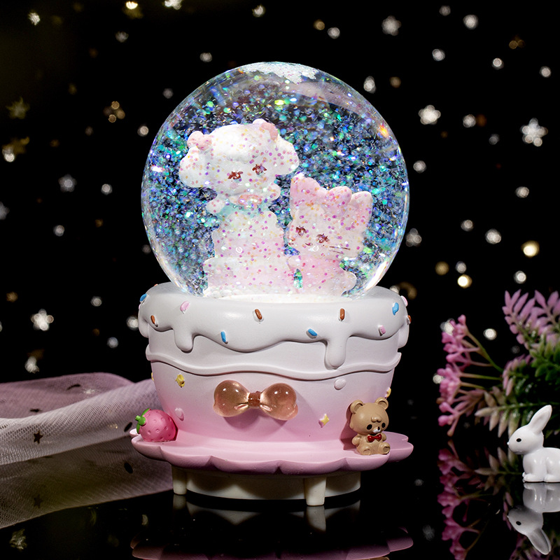 甜蜜下午茶创意彩灯水晶球卡通女孩音乐盒送闺蜜节日礼物桌面摆件