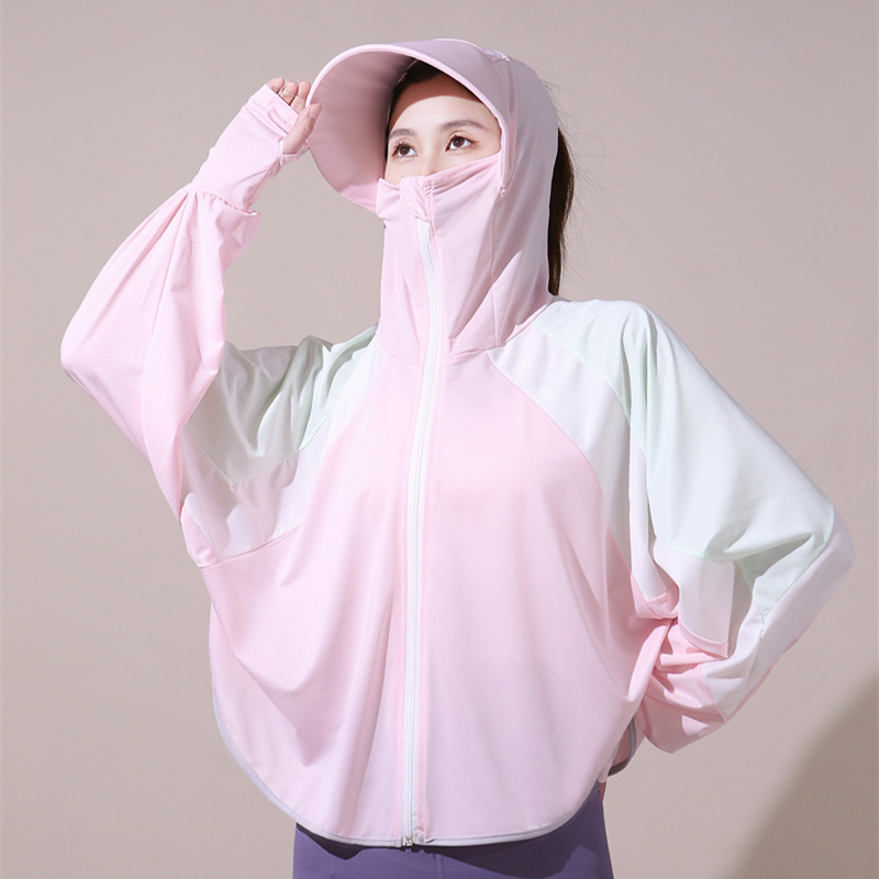 Patchwork contraste color sol protección ropa para mujeres 2023 verano cabo hielo seda sol protección ropa transpirable UV protección chal blusa