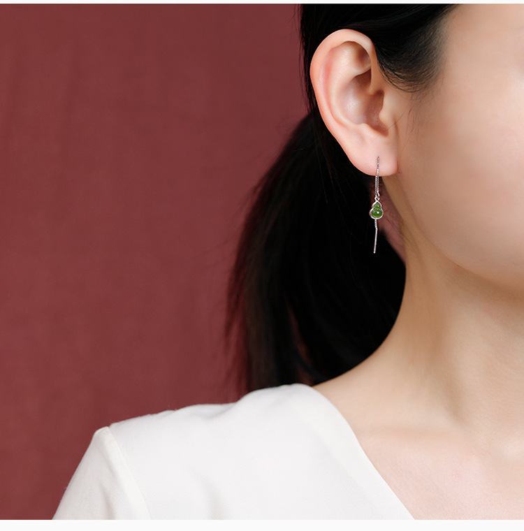 Khuyên tai dài bạc S925 mạ vàng đá Jasper hình bầu Fulu phong cách Trung Hoa — Mẫu bạc chi tiết 6